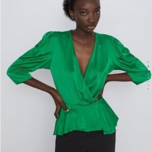 Zara Green V-Neck Peplum Blouse Small